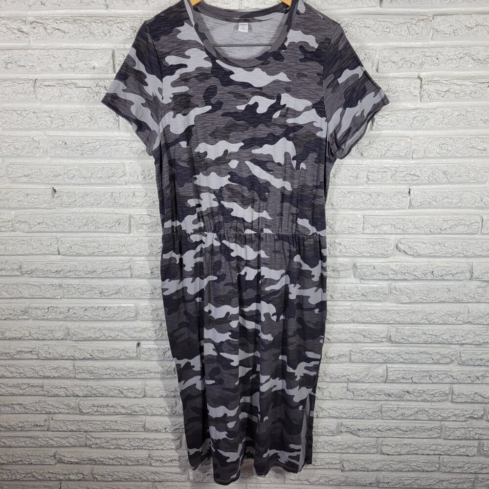 Old Navy XL Gray Camo Midi Dress 100% Cotton Short Sleeve‎ Side Slit CAM3E